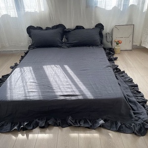 Parure de draps en lin naturel biologique lavé à la pierre, draps à volants en pur lin pour la literie domestique - Product Image 5