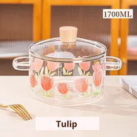 Pot en verre borosilicate de haute qualité, épaissi, à double poignée, compatible gaz/induction, avec couvercle en verre durable à motif dessin animé, 16 cm