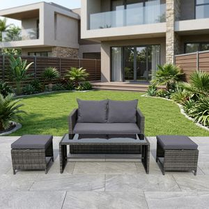 Juego de Muebles de Jardín de Mimbre y Ratán de Primera Calidad, Moderno y en Oferta, 4 Piezas, con Mesa de Vidrio Templado y Estructura de Acero - Product Image 1