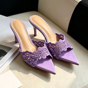 Mules in Pizzo Viola da Donna con Punta Affusolata e <span class=keywords><strong>Tacco</strong></span> Alto, Eleganti Ciabatte Floreali in Rete Lavanda, Sexy <span class=keywords><strong>Scarpe</strong></span> Slip-on con <span class=keywords><strong>Tacco</strong></span> a Spillo per Abiti Eleganti - Product Image 6