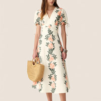 Robe d'été mi-longue personnalisée OEM ODM pour femme, imprimé floral crème, col en V, manches bouffantes, taille élastique, coupe trapèze