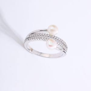 Best Selling S925 Silver Women's Ring with Two Freshwater Pearls <b>Wrapped</b>-Style Design and Cubic Zirconia Pavé Setting - Product Image 2