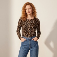 Cardigan ajusté en laine 100 % biologique à imprimé léopard, col rond, tricoté, pour femme, avec boutons dorés, pull côtelé tendance