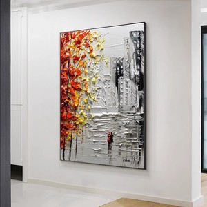 Peinture à l'huile abstraite peinte à la main, paysage urbain, cadre métallique 3D, murale rectangulaire pour décoration de salon ou d'entrée - Product Image 3