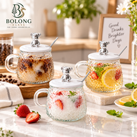 Tasse en verre texturé personnalisable avec couvercle et cuillère, bouton ours mignon, 13 cm, martelé, pour thé, café, boissons chaudes, cadeau, Bolong