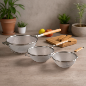 Set di 3 colini a doppia rete in acciaio inossidabile con manico in legno, utensile da cucina per scolare - Product Image 3