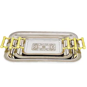 Customized Arabic Style Luxury Rectangular Metal Tray 3 Pieces Stainless Steel Serving Tray Set With Plastic Handles