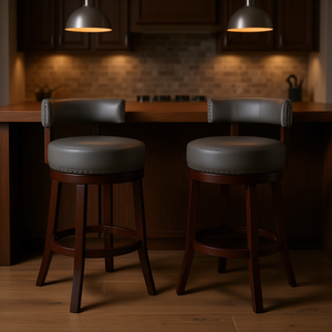 Tabourets de bar Sherly 30 en bois massif chêne foncé, similicuir gris foncé, pivotants, design moderne pour salle à manger - Product Image 2