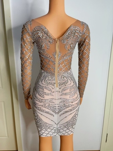 AD1350 Kimshein Abito <span class=keywords><strong>da</strong></span> Donna Corto Sensuale a Maniche Lunghe Mini Trasparente in Rete Argento con Diamanti per Serate ed Eventi - Product Image 3
