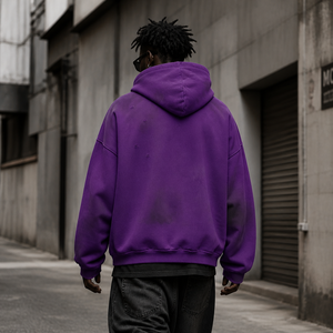 Sudaderas con capucha moradas extragrandes casuales para hombre con cremallera, estampado de letras personalizado, efecto desgastado, estilo streetwear - Product Image 3