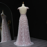 Robe de soirée florale rose clair chic Sharon Said SS602 pour femme, col carré, dos ouvert, pour mariage, fête ou bal de promo