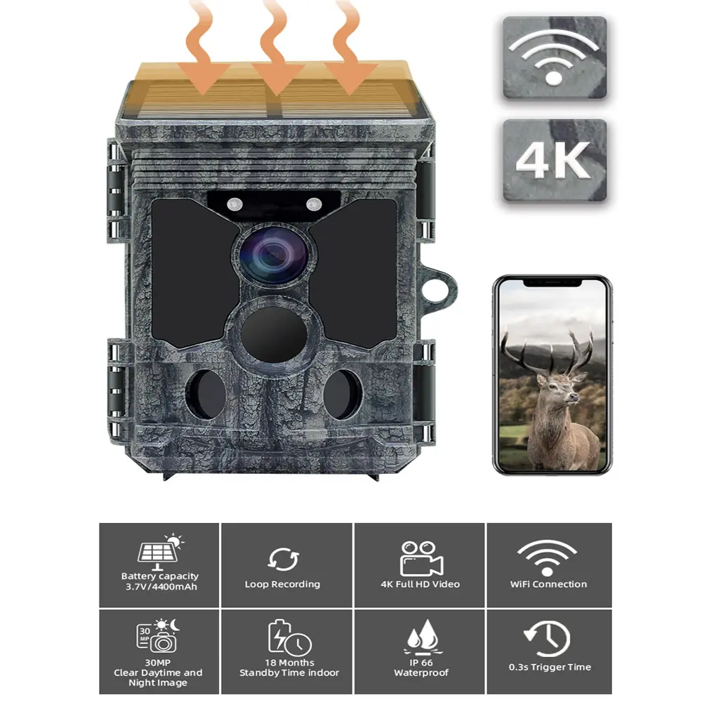 Redleaf – caméra de chasse extérieure solaire wifi, vente en gros, ip66, 30mp, vision nocturne de la faune, 4k, 1080 fhd