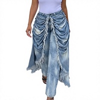 Jean en denim uni froncé à franges pour femme - Taille haute, coupe large, effet usé, léger et respirant, idéal pour l'été, l'automne et le printemps