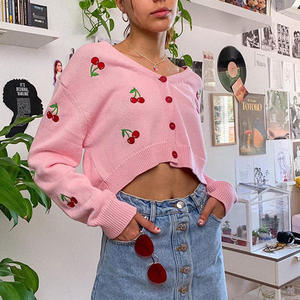 2025 femmes décontracté hiver court tricoté pull manteau nouveau cerise brodé simple boutonnage coupe ample - Product Image 3