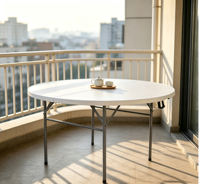 Table ronde pliante en plastique pour banquet, style pliable en deux, avec support métallique pour événements intérieurs et extérieurs