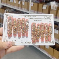10 pièces de faux ongles à presser Tacana, longueur 5.0, forme ballerine, avec tube d'eau, paillettes brillantes, strass, faits main, couverture complète, style français