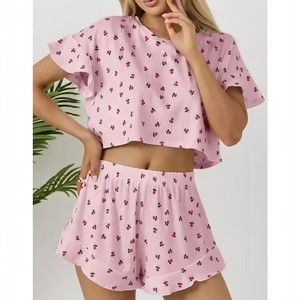 Completo due pezzi da <span class=keywords><strong>donna</strong></span> 2026 in stile europeo, alla moda, stampato, estivo, girocollo, a maniche corte, morbido e traspirante, con pantaloncini. - Product Image 2