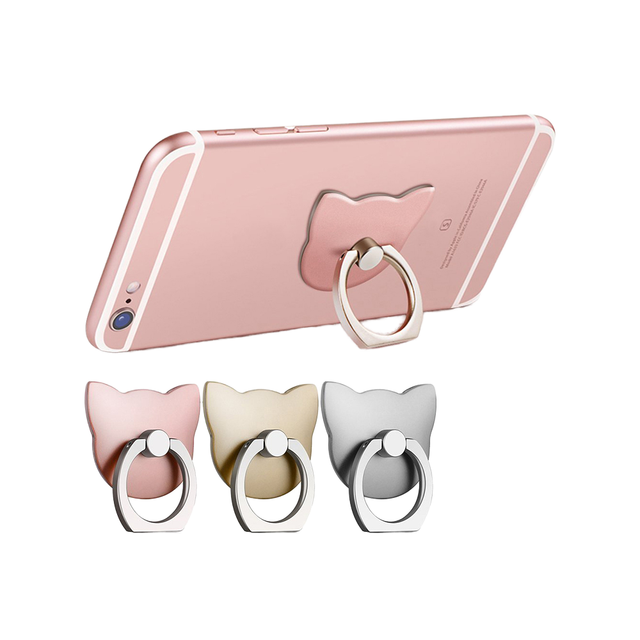 Cute Cat Shape Aluminum Finger Ring Phone Holder Self Adhesive Back Sticker Cell Phone Kickstand Desktop Bracket