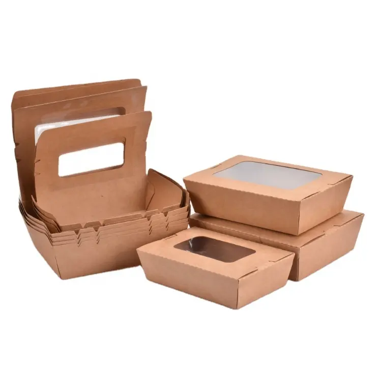 일회용 크래프트 종이 식품 팩 토고 상자 용기 2 칸 테이크 어웨이 샐러드 도시락 포장 상자 PVC 창