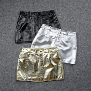 Mini <span class=keywords><strong>jupe</strong></span> de luxe en <span class=keywords><strong>cuir</strong></span> de mouton véritable pour femme, <span class=keywords><strong>or</strong></span> brillant et argent - Product Image 2