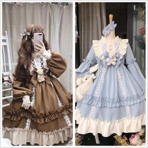 Vestido gótico francés <span class=keywords><strong>Lolita</strong></span> para mujer, vestido azul de encaje de oso con lazo Kawaii, vestidos de princesa de manga larga, disfraz de Halloween, regalo para niñas - Product Image 5