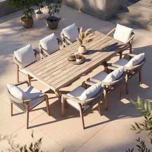 Konkrete natürliche Farbe 7 Stück Teakholz Outdoor Dining <span class=keywords><strong>Set</strong></span> Holz Runder Esstisch mit 6 Holz seils tühlen - Product Image 3