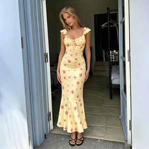 Yellow Floral Mermaid Maxi Dress for Women, Elegant Ruffle Strap Square Neck Summer Dress, For Casual Party Beach - Product Image 6