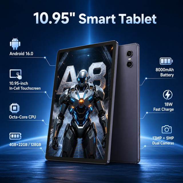10.95 Inch Smart Tablet Android 16 Octa Core 128GB 8000mAh Battery HD Big Screen Dual WiFi BT5.0 Gaming Video Tablet Wholesale