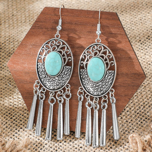 Bohemian <b>Tassel</b> Drop <b>Earrings</b> Antique Silver Plated Turquoise Stone Women's Party Fashion Jewelry - Product Image 1