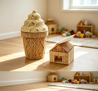Panier de rangement en osier avec couvercle, motif crème glacée mignon, boîte de rangement pour jouets d'enfants en rotin faite à la main pour la décoration de la chambre d'enfant