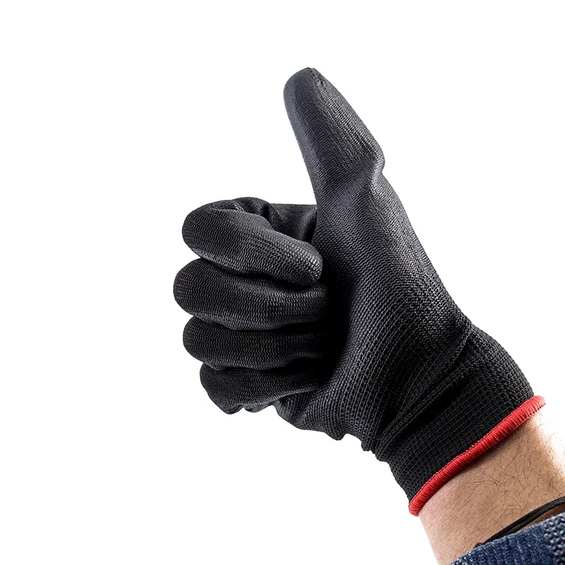 מכירה חמה 13G שחור פוליאסטר שחור ציפוי PU גימור כפפות PU מצופה לעבודות בטיחות