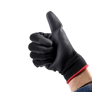 Venta caliente 13G Negro Poliéster Negro PU Revestimiento Acabado Guantes PU Recubierto Para Trabajo de Seguridad