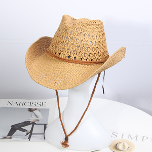 Sombrero de Vaquero Occidental Plegable de Rafia Hueca, Unisex, para Verano, Playa, Casual, de Ala Ancha, Protección Solar, 54-56CM - Product Image 1
