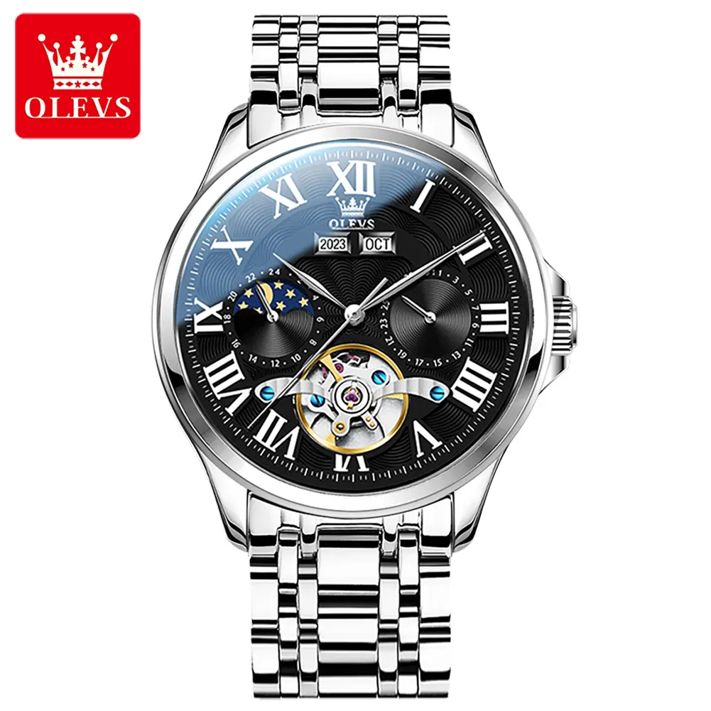 OLEVS 7013 Reloj Montre-bracelet à remontage automatique en acier inoxydable avec logo personnalisé, montre-bracelet mécanique automatique pour homme