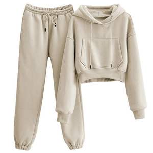 Women's Plus Size Cropped Fleece Hoodie Sweatshirt Sweatpants <b>Set</b> Drop Shoulder Kangaroo Pocket <b>Long</b> <b>Sleeve</b> Outdoor Jogging 100% - Product Image 3