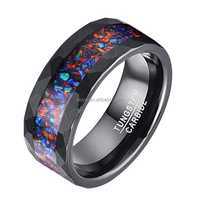 POYA Fashion 8mm Bague en tungstène martelé noir Incrustation d'opale colorée Bagues de promesse personnalisées pour lui et sa bague d'anniversaire