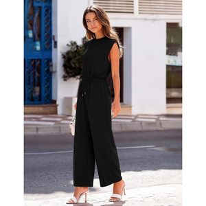 Mono sin mangas de pierna ancha para mujer, de cintura alta con cordón, transpirable, de una pieza, con bolsillos, para uso diario - Product Image 5
