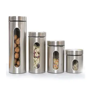 hot sell 4 pack Stainless Steel Visible Glass Storage Tank Coffee Beans Grain Sugar Metal Food Storage Canisters set