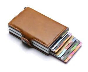 Billetera de cuero pu para hombre, tarjetero doble pop up con función de bloqueo rfid para guardar tarjetas de crédito