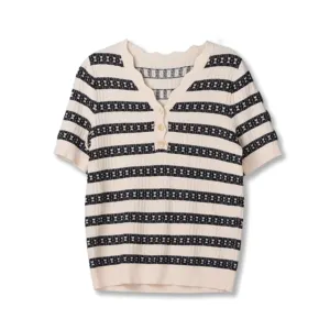 2024 Custom OEM& ODM Ladies Luxury elegant Spring Summer V wave Neck short sleeve pullover Sweater with contrast color stripe