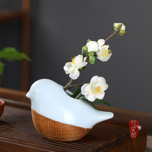 Bamboo Woven Porcelain Bird Vase Ceramic Flower Pot Traditional Chinese Decor For Living Room Home Decoration - Product Image 1