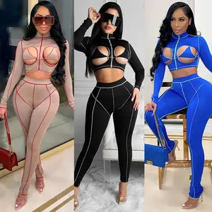 New Design Sexy Two Piece Set Women Clothing 2021 Stretchy Hollow Crop Top and High Waist Pants Boutique Outfits Lucky Label