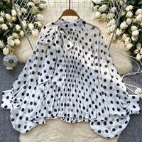 Camisa de Mujer con Estampado de Lunares y Lazada en la Parte Delantera, con Mangas, Top de Moda