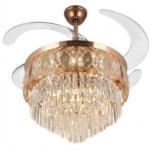 Ventilateur de plafond LED doré haut de gamme avec lustre en cristal, pales rétractables, télécommande, moteur silencieux, décoration de luxe - Product Image 1