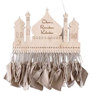Suministro de fábrica: Calendario de cuenta regresiva de madera con diseño de castillo para Eid y Ramadán, con bolsa de lino, artesanía decorativa para el hogar y pared - Product Image 1