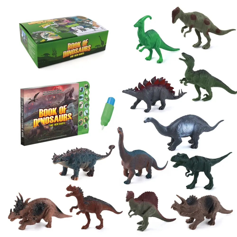 Gerçekçi interaktif dinozor su çizim sesli kitap ile 12 adet dinozor figürleri ve su kalem dino oyuncak etkinlik kitabı çocuk için