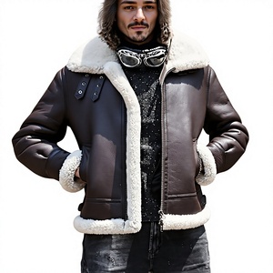 Men's Winter Tanned Faux <b>Fur</b> <b>Lined</b> Leather Jacket Stand Collar Biker <b>Coat</b> Zip-Up Regular Fit for Riding - Product Image 4