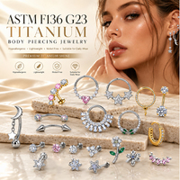 Joyas de titanio para piercing de moda ASTM F136 G23, anillo articulado de parte trasera plana con circonita cúbica CZ, diseño de estrella y flor, para nariz y hélix, sin níquel, al por mayor