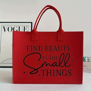 Bolsa de Fieltro Roja, Bolsa de Mano Reutilizable con Estampado "Encuentra la Belleza en las Pequeñas <span class=keywords><strong>Cosas</strong></span>", Bolsa de Compras de Gran Capacidad para Uso Diario - Product Image 2