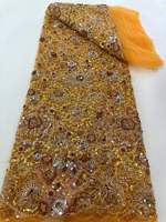 Tissu en dentelle perlée avec strass brodés et motifs floraux pour robes de mariée nigérianes africaines - Textile de luxe